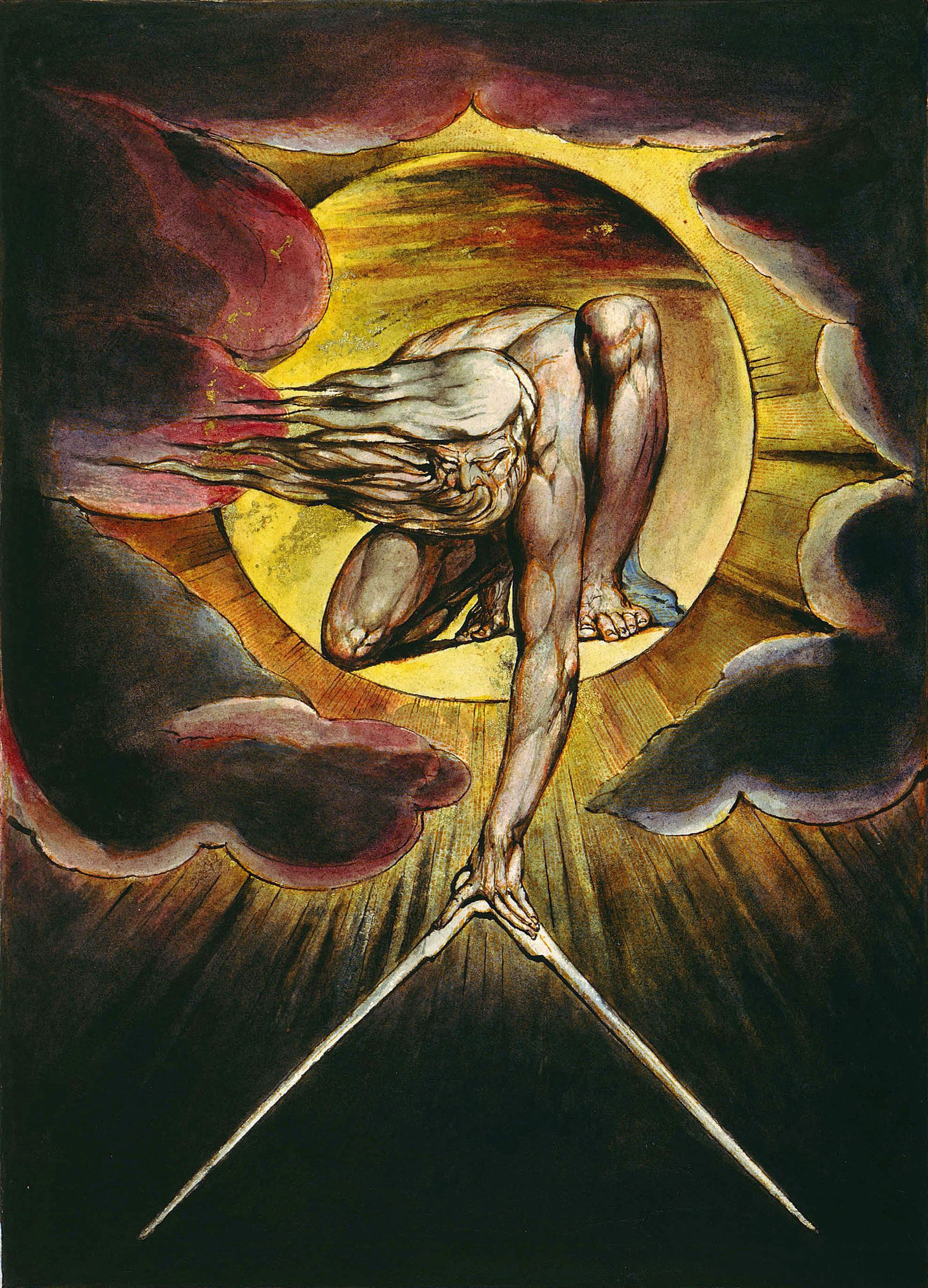 William Blake's The Ancient of Days: a white-bearded figure crouched inside a golden sun, reaching down into darkness with a pair of compasses (Europe a Prophecy, copy K, plate one; public domain).